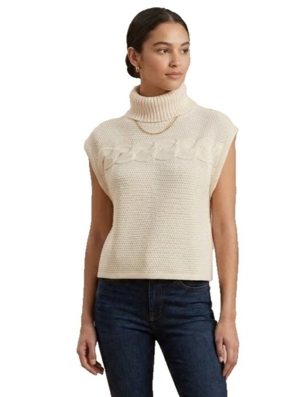 Lafayette 148  Womens LG Cashmere Cream Sleeveless Turtleneck Sweater Lux